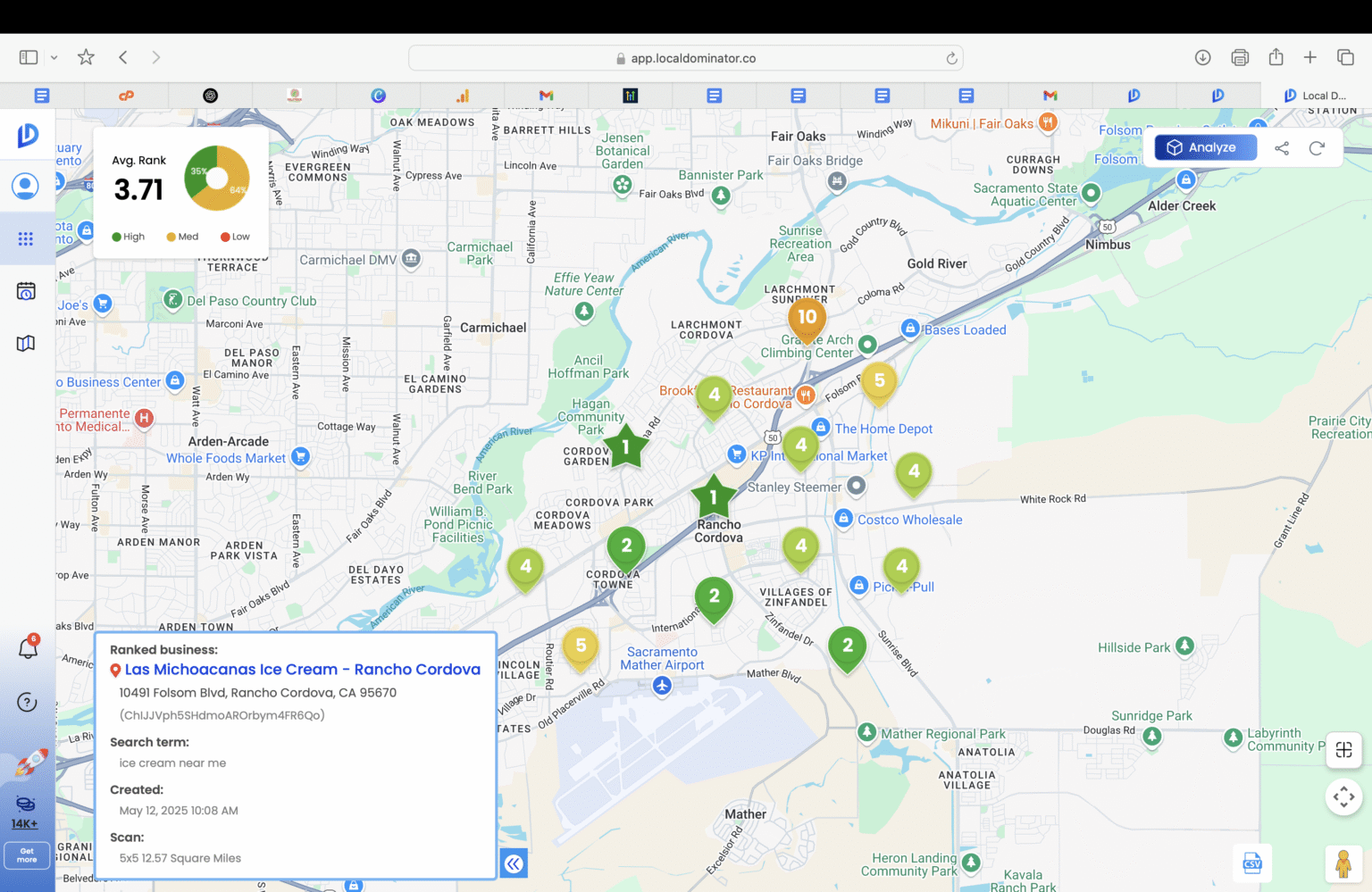 Local SEO heatmap showing Google Maps ranking positions for Las Michoacanas Ice Cream in Rancho Cordova on May 12, 2025. Keywords: ice cream near me, Google Business Profile, 5x5 scan area.