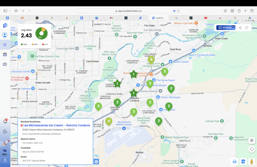 Updated Google Maps (local seo) ranking grid showing improved positions for Las Michoacanas Ice Cream in Rancho Cordova on May 18, 2025. Enhanced visibility for keyword "ice cream near me" across a 5x5 mile radius.