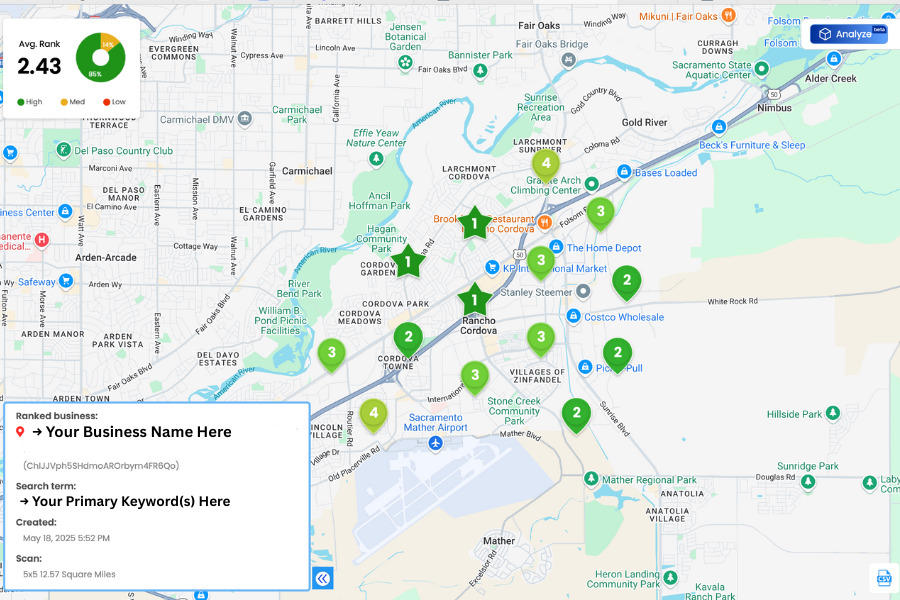 Local SEO ranking map showing Google Maps positions for a client business in their target area.